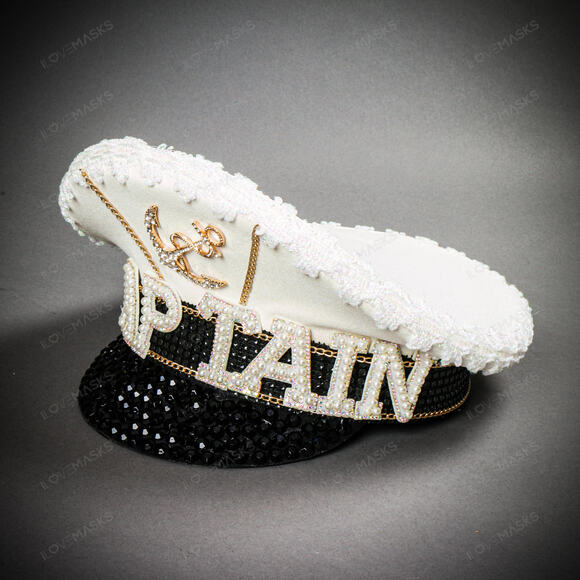 ILOVEMASKS Accessories - Captain Bling Rhinestone Sailor Hat White & Black Nautical Costume Cap